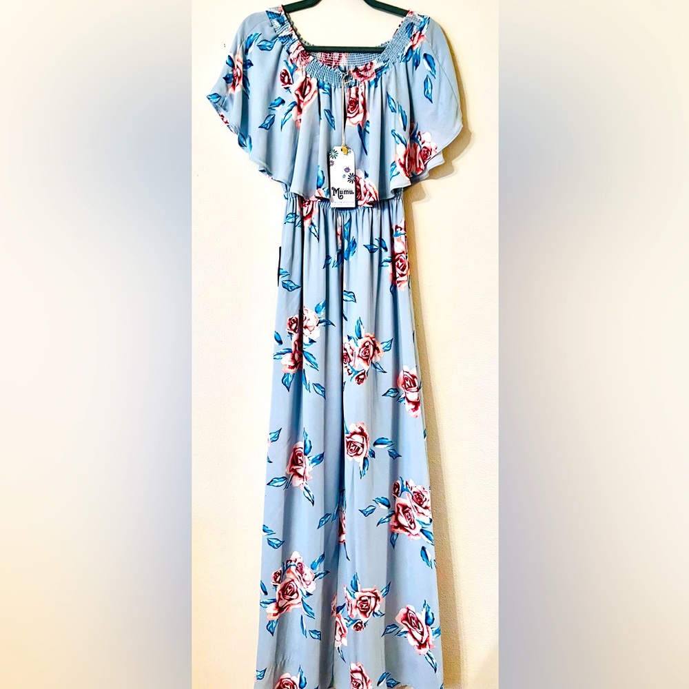 NWT Show Me Your Mumu Maxi Dress Light Blue Floral Off The Shoulder Chiffon L